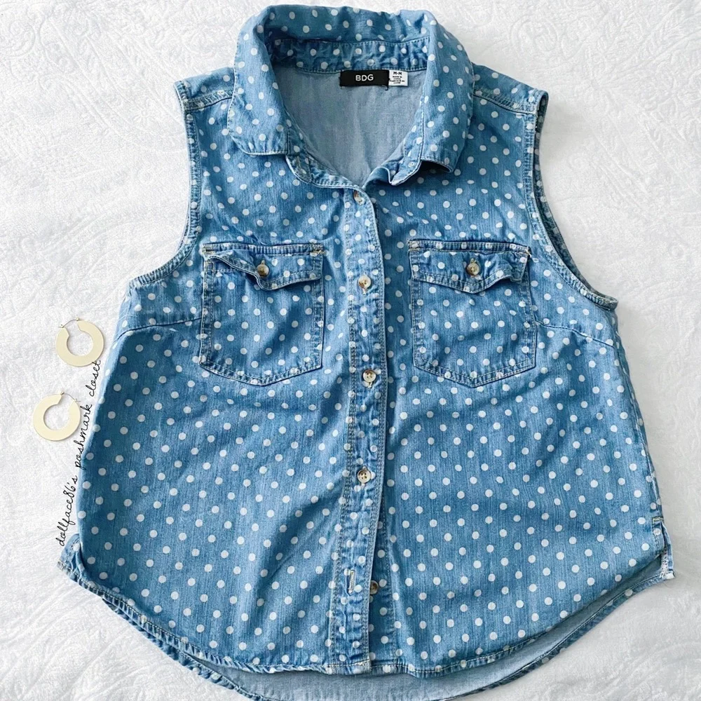 BDG Polkadot Chambray Button Down Top - Picture 1 of 6